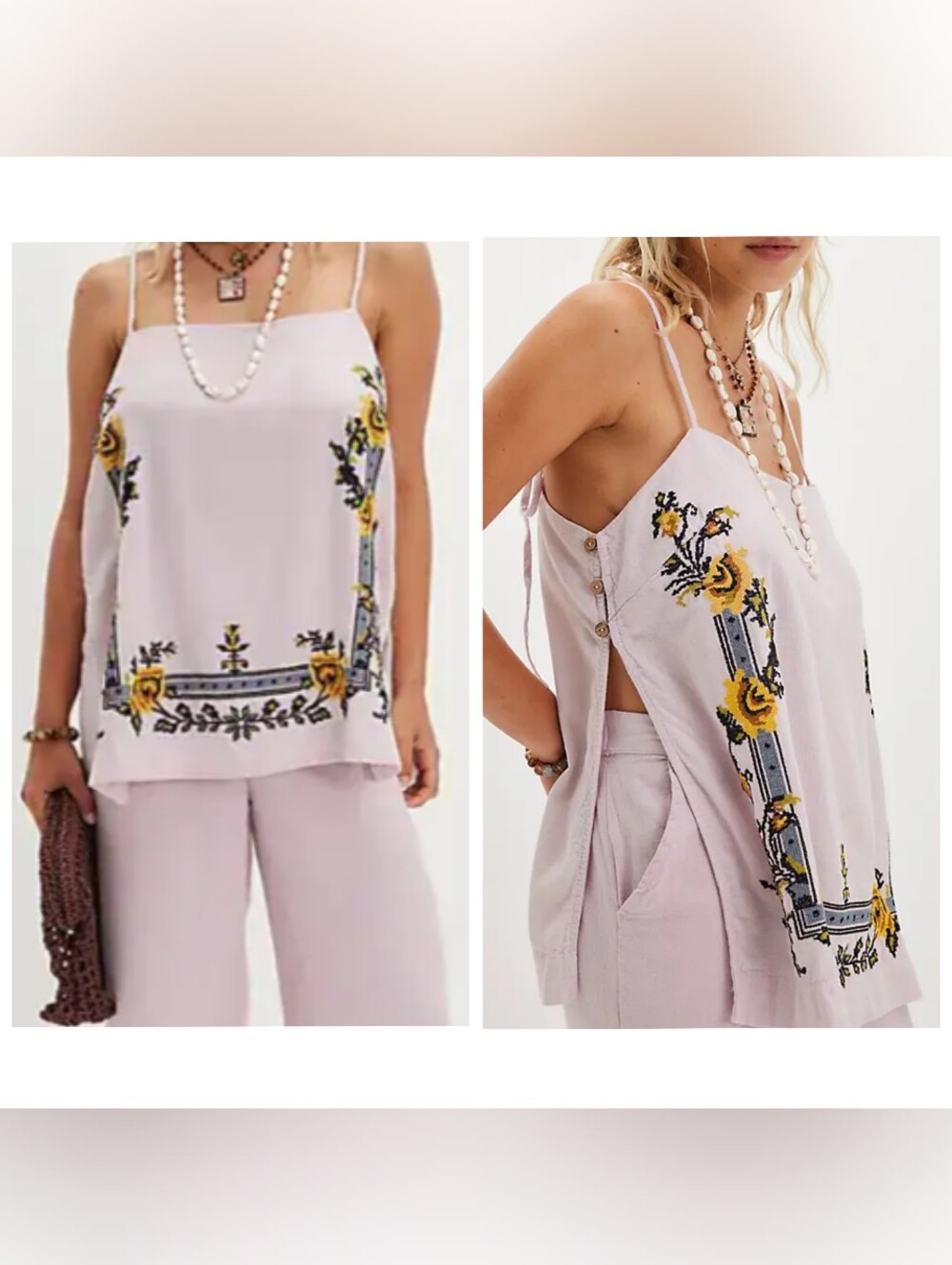 NWOT Free People Sightseer Embroidered Linen Tank Top Lilac Pink Floral Boho  S